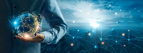 Businessman holding global digital network and data customer connection, Social network and data exchange of technology, Networking structure on blue city background.